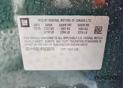 2015 Chevrolet Impala Lt из США, поврежденный, VIN 2G1115SL1F9232670